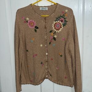 Haband Women's XXL Floral Embroidered Cardigan - Brown